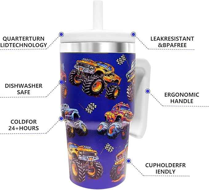 2PCS 20-OZ Insulated Water Bottle,Insulated Stainless Steel Tumbler,Reusable Cold Drink Thermos,BPA-Free, Double-Wall Stainless Steel Water Bottle (Dark blue-Monster trucks, 20, Fluid Ounces)
