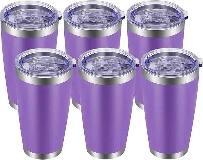 VEGOND 20oz Tumbler with Lid and Straw Stainless Steel Tumbler Cup Bulk Vacuum Insulated Double Wall Travel Coffee Mug Powder Coated Coffee Cup, Purple, 6 Pack