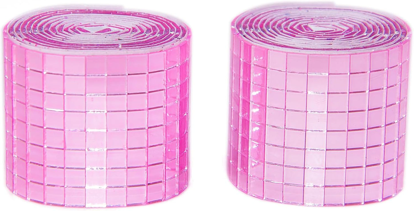 Pink Self-Adhesive Glass Mirror Mosaic Tiles, 5 x 5 mm Square Mirror Tiles, 3200 Pieces Disco Ball Tiles for DIY Craft, 2 Rolls Disco Mirror Tiles for Interior, Art Collage, Card Making, Cups