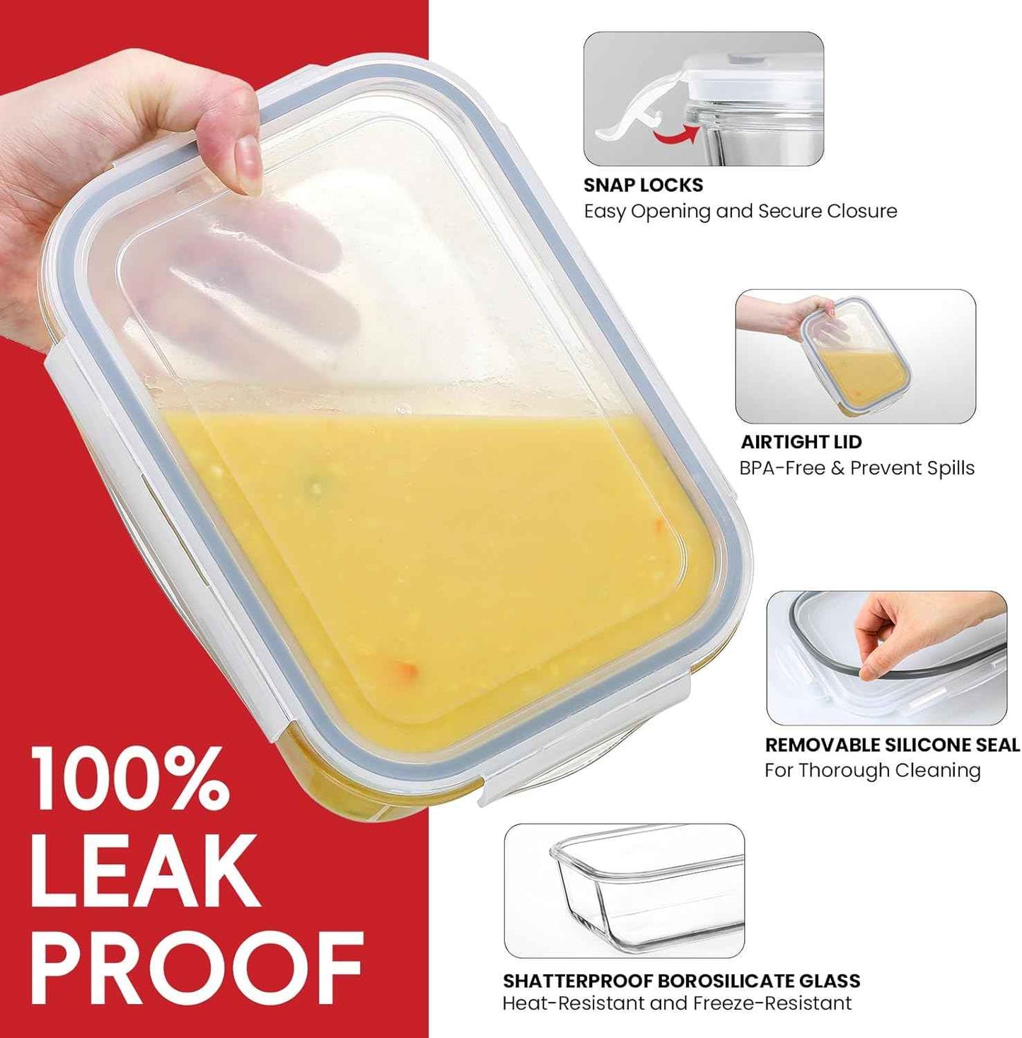 4 Pack 8 Cups/ 63oz Large Glass Storage Containers with Lids, Meal Prep Containers, Glass Food Storage with Airtight Lid for Baking, Leak Proof & Microwave, Oven Safe (4 Containers + 4 Lids)