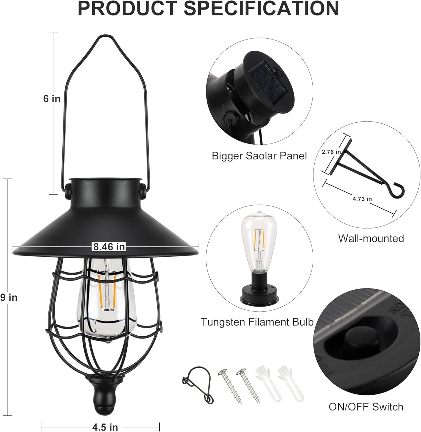 pearlstar 2 Pack Solar Lantern Outdoor Hanging Light Waterproof Metal Solar Lamp for Yard Garden Pathway Patio Porch Decor(Black)
