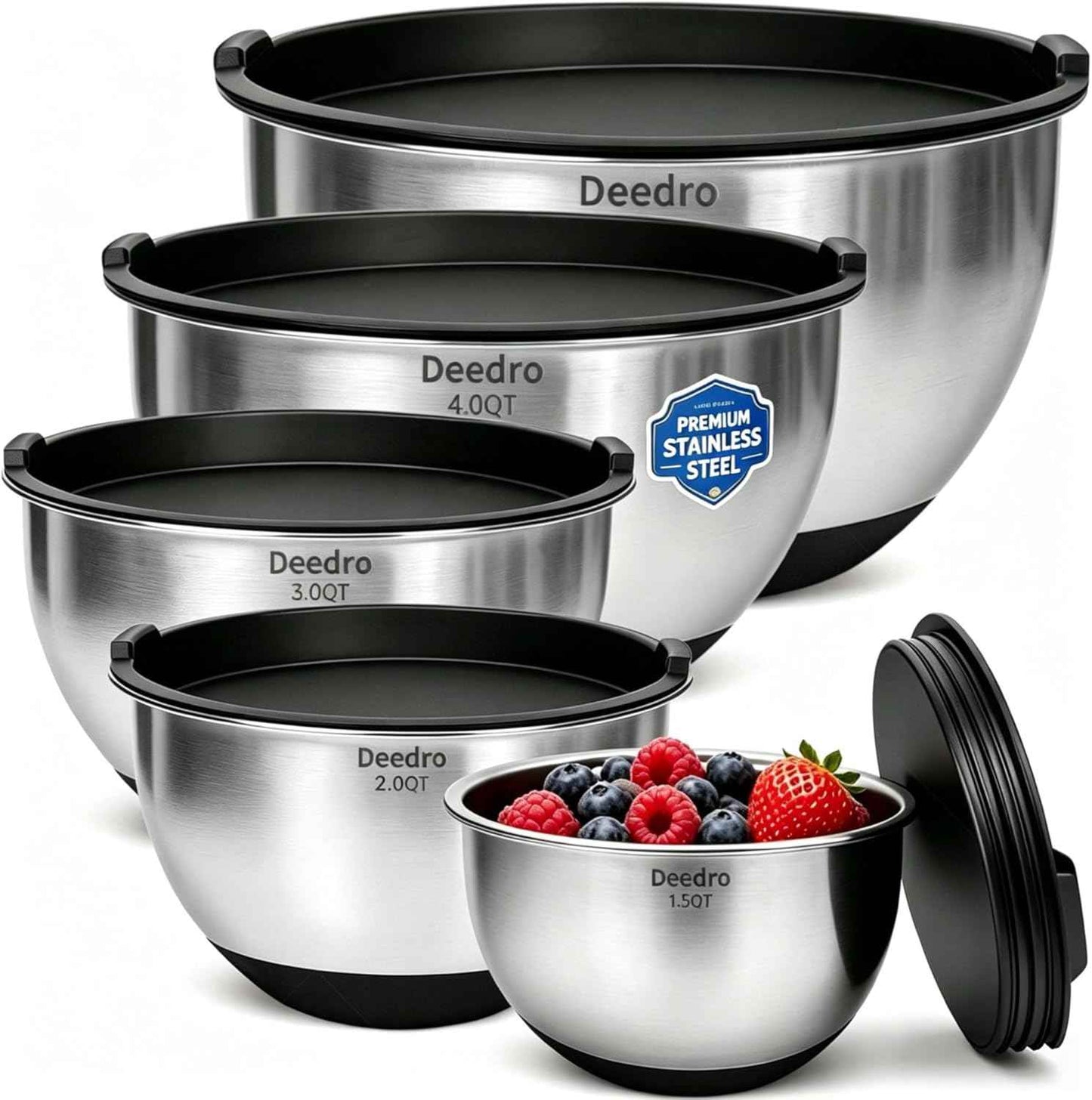 Deedro Premium Mixing Bowls with Airtight Lids Set, 22Pcs Thicker Stainless Steel Mixing Bowl Set, Large Prep Metal Bowls, Non-Slip Silicone Base Nesting Bowls for Kitchen, 1.5/2/3/4/5 QT, Black