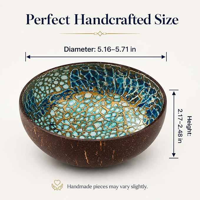 ChezMax Natural Coconut Bowl with Mother of Pearl Inlays - Key Bowl & Fruit Snack Holder (Blue-Gold)