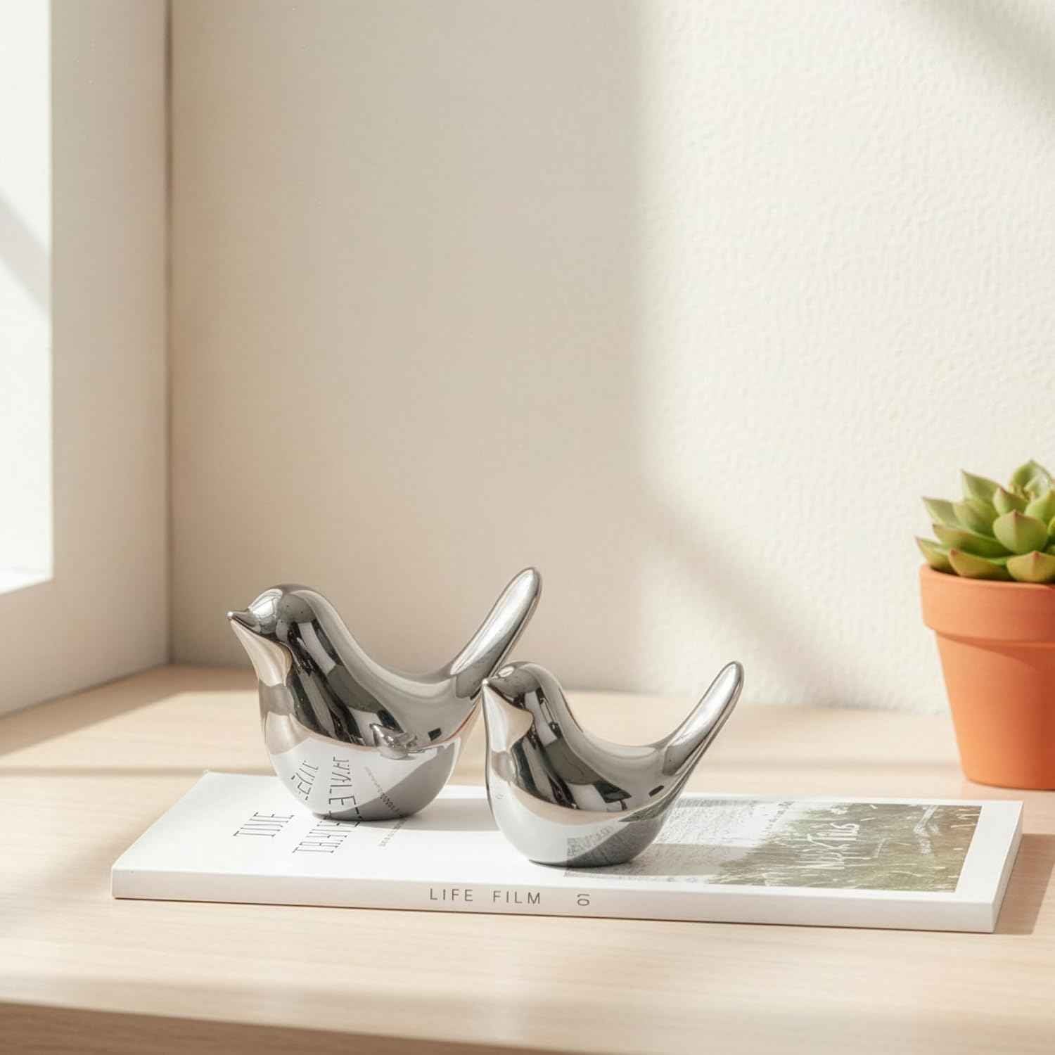 Silver Bird Statue Set – Modern Tabletop Sculptures for Living Room, Entryway, Fireplace, Bedroom, Contemporary Silver Home Decorations - 16.1 in × 12.0 in × 15.4 in