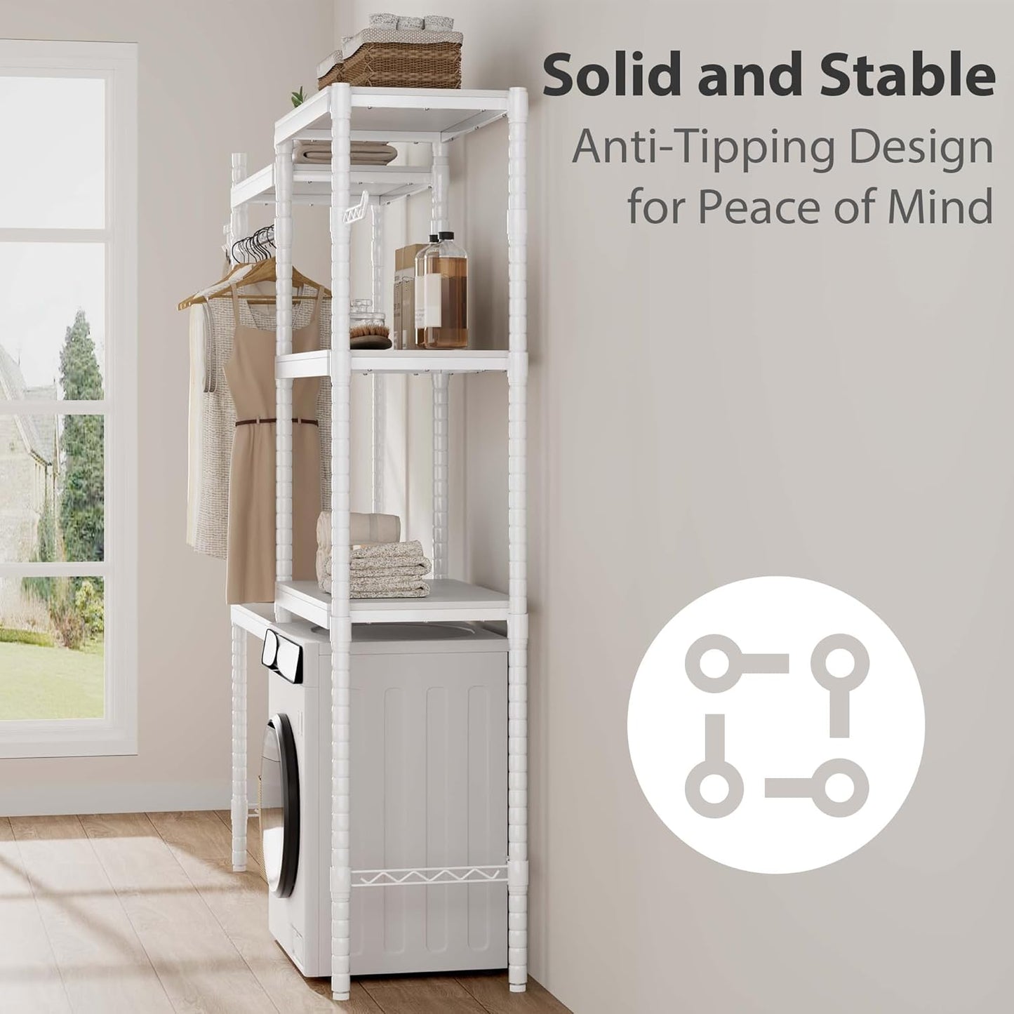 30" Over-the-Washer Shelf, 5-Tier Dryer Storage Shelf with Adjustable Height, Laundry Organizer with Double-Layer 100lb Shelves, Bathroom Shelf, Space-Saving Storage for Bathroom, Laundry Room, White
