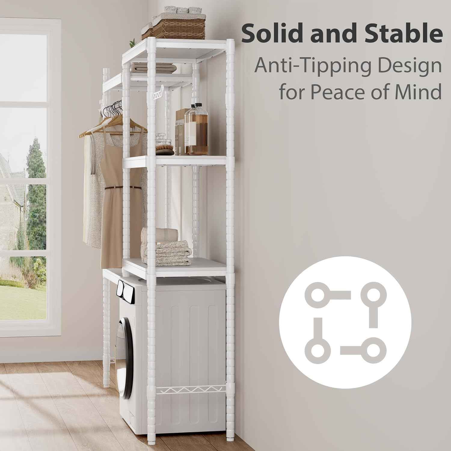 Heavy Duty 5-Tier Over-The-Washer Laundry Storage Shelf – Adjustable Height Organizer with Double-Layer Wood Shelves, 28" Space-Saving Rack for Laundry Room, White