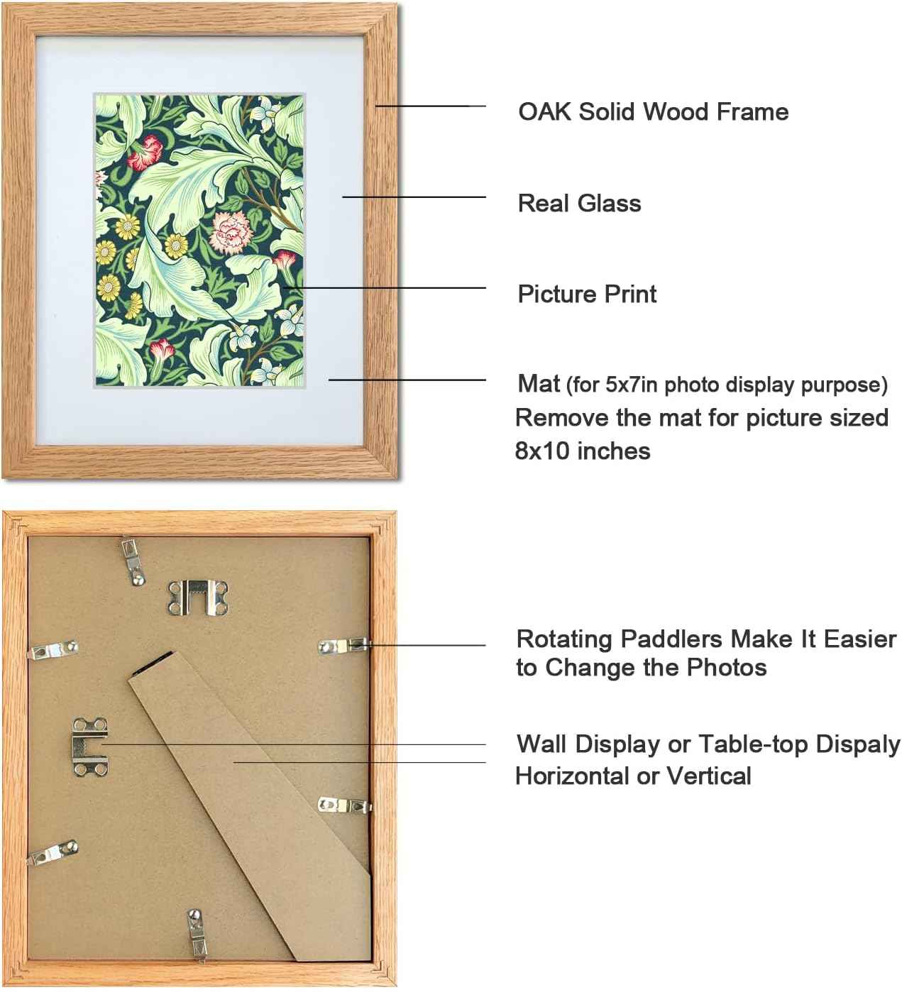8x10 Picture Frame Set of 4 OAK Solid Wood with Real Glass for Pictures 5x7 with Mat or 8x10 Without Mat, Wall Mount or Tabletop Gallery Photo Frames(4 Pack, Oak)
