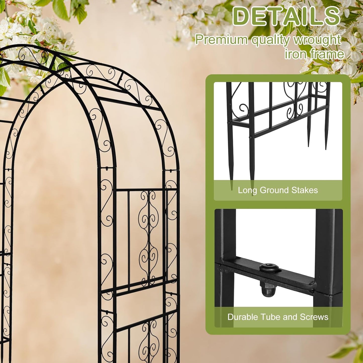 Outvita 7FT Garden Arch Arbor with Entry Door, Heavy Duty Metal Arbour Archway, Decorative Frame Stand Trellis with Ground Stakes for Wedding Ceremony Party Plant Climbing Rose Vines Patio Black