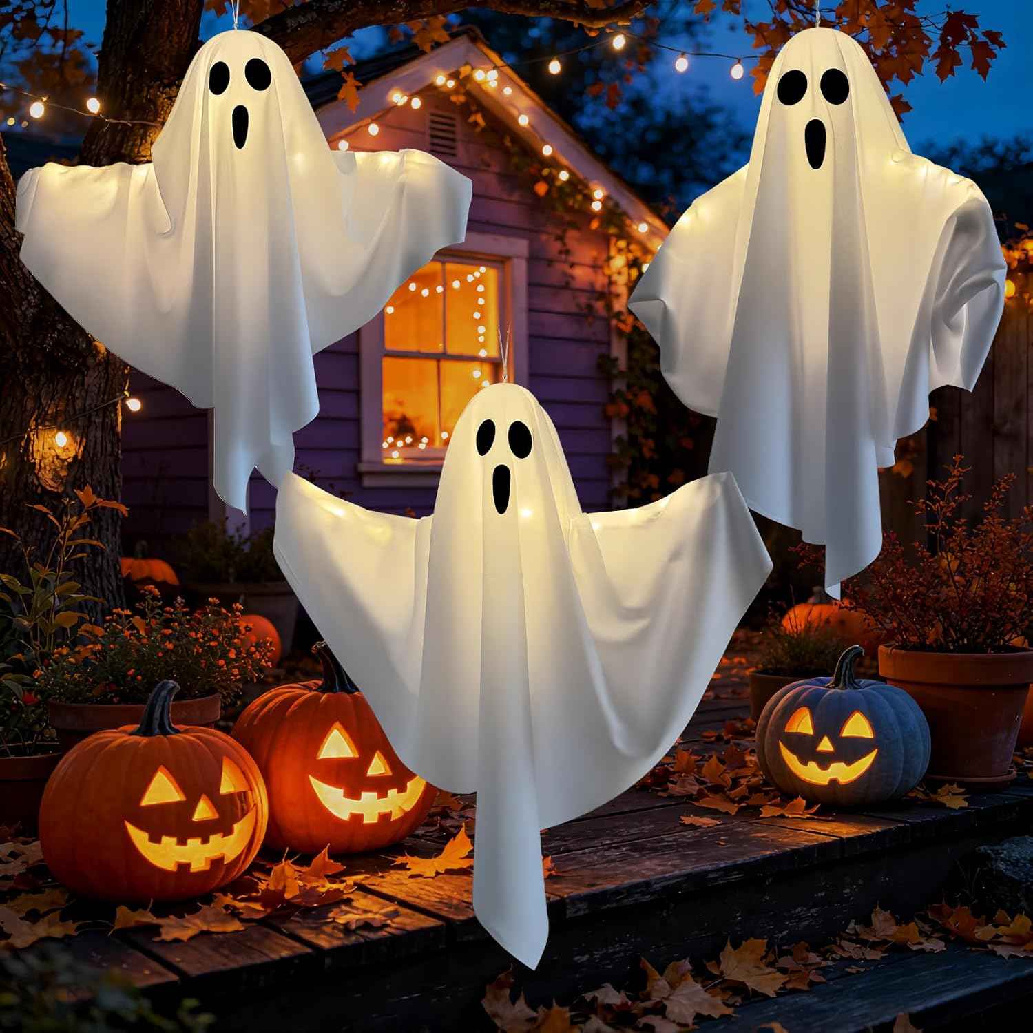 Halloween Light-up Ghost Decorations, White Hanging Flying Ghosts for Front Yard, Patio, Lawn, Garden, Party, 22.5 Inch, 3 Pack (White)