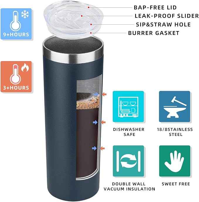 HASLE OUTFITTERS 20 oz Skinny Tumblers Bulk Set, Stainless Steel Insulated Slim Tumblers with Lids, Reusable Double Wall Travel Coffee Mugs, Durable Powder Coated Travel Water Cups(Navy, 8)