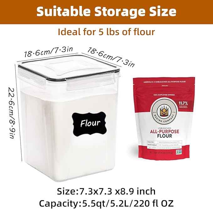 5.2L (175oz) 4-Pack Airtight Food Storage Containers with Organization Kit - BPA-Free Plastic Canisters for Flour, Sugar, Rice & Baking Supplies, Includes Lids, Measuring Cups & Labels, Black