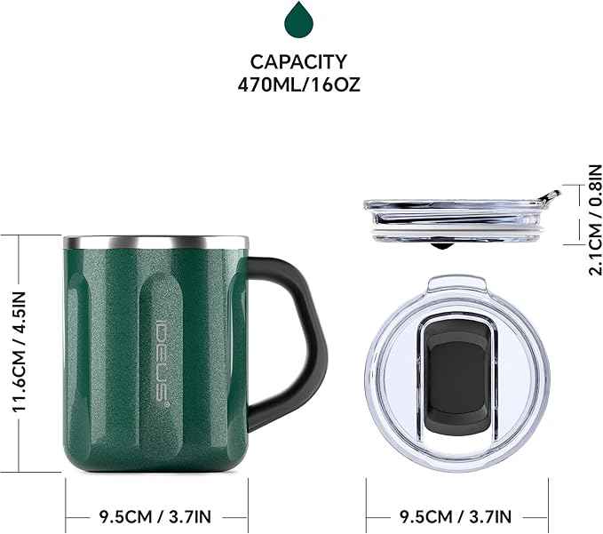 Ideus 16 oz Coffee Cup, Stainless Steel Coffee Travel Mug, Spill Proof Tea Mug with Handle and Lid, Lightweight and Durable, Great for Office Home and Outdoor Use, Deep Green-FUJI FLOW
