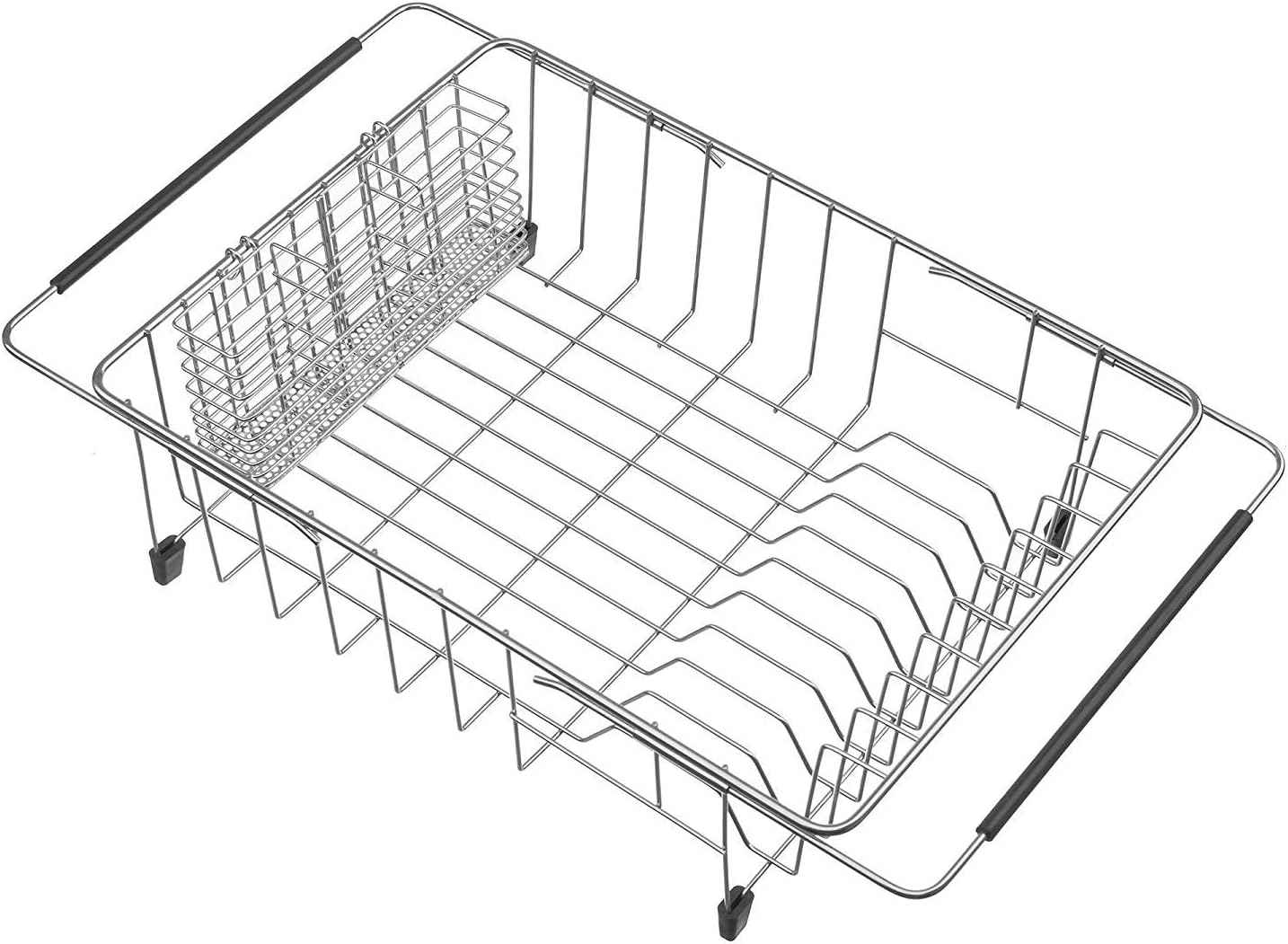 SANNO Large Expandable Dish Drying Rack Dish Rack Drainer with Stainless Steel Utensil Holder Over The Sink Dish Drainer Dish Rack in Sink On Counter