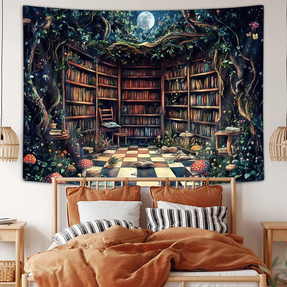 Magical Forest Tapestry, Fairytale Tree Magic Bookshelf Aesthetic Tapestries for Classroom, Witchy Fairy Tree Mysterious Vintage Bookshelf Book Art Tapestry Wall Hanging College Room Bedroom, 60X40
