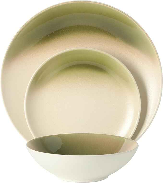 Gibson Elite Crescenton Plates and Bowls Sets, 12-Piece Green Stoneware Dinnerware Sets, Round Reactive Glaze Dish Set