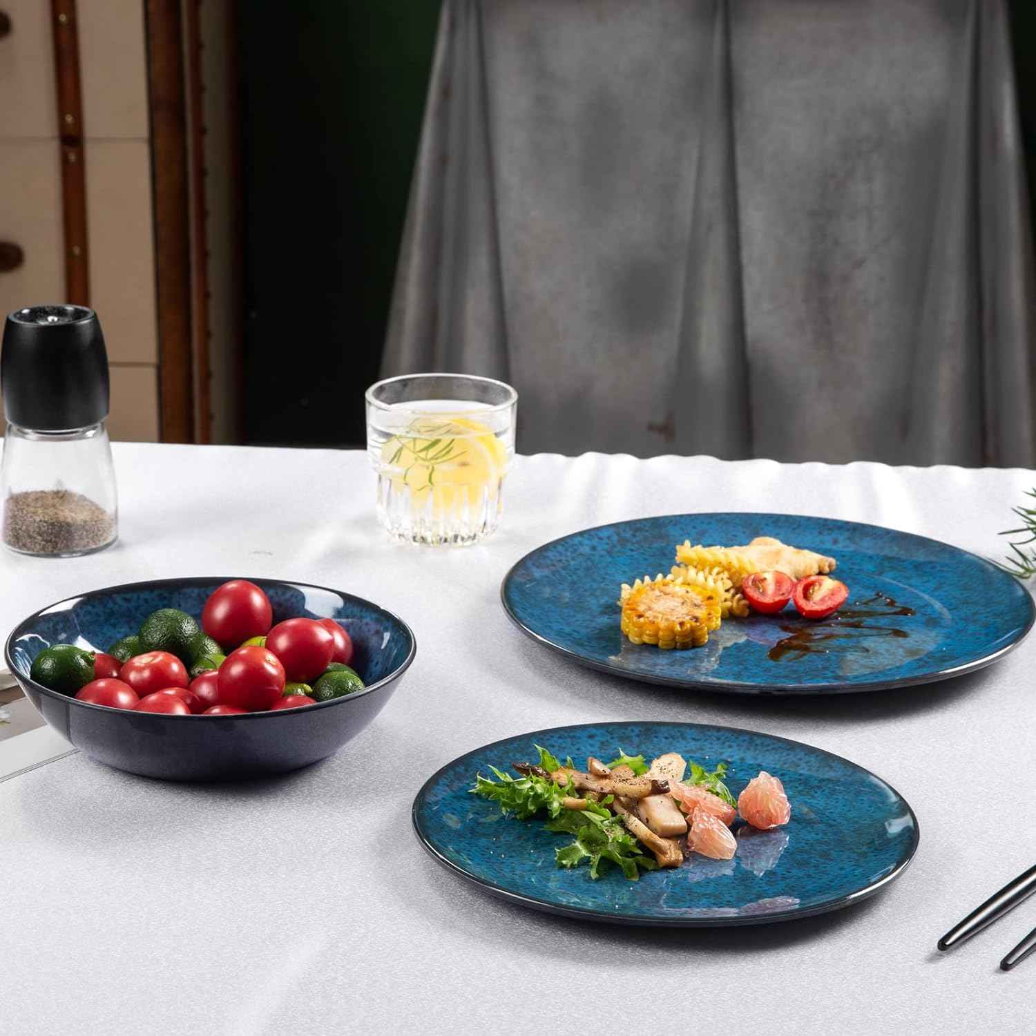 Melamine Dinnerware Sets for 4, Dinner Plates Bowls Set, Unbreakable Melamine Classic Blue Dinnerware, Dishwasher Safe Tableware Sets for Everyday Use, 12 Pcs