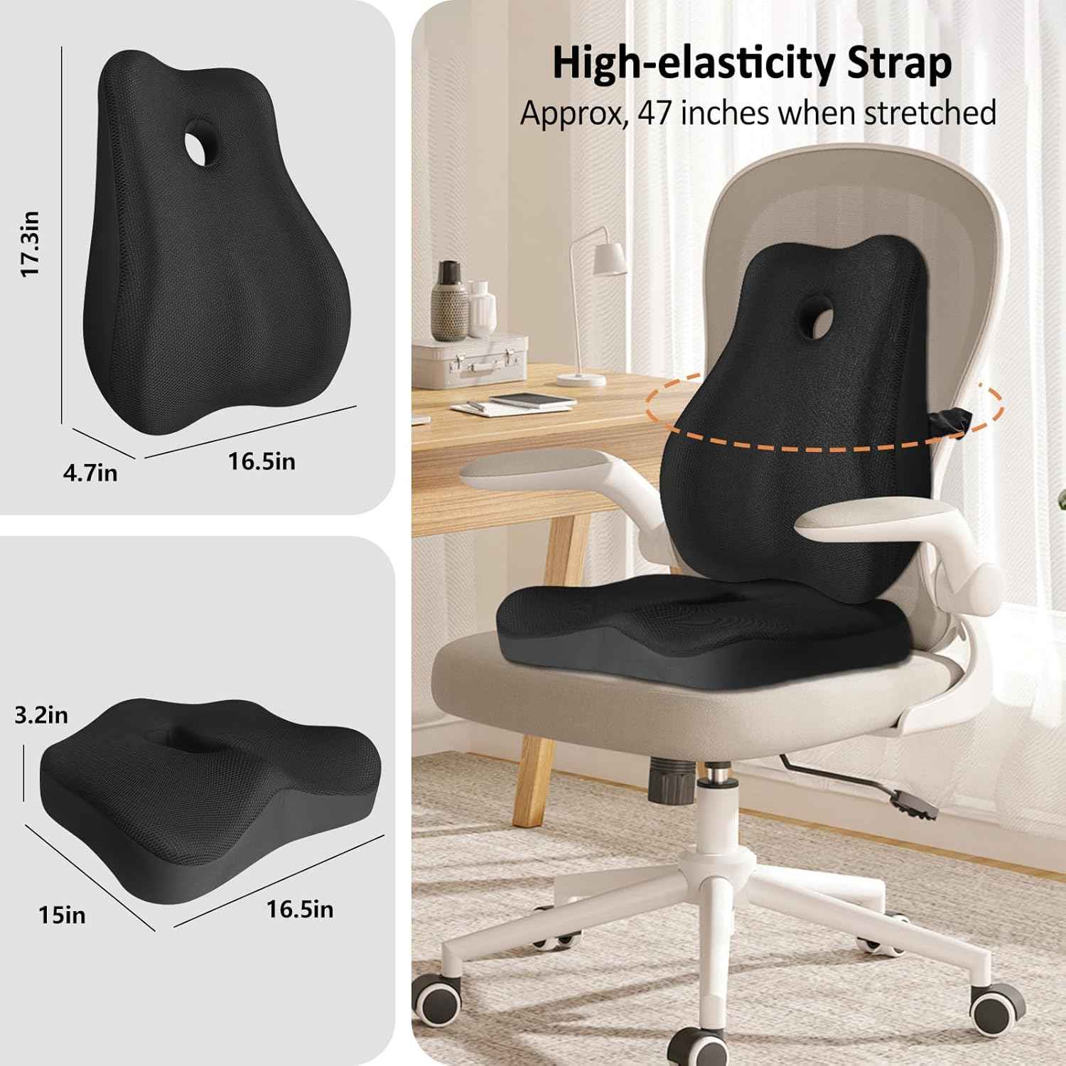 Seat Cushion,Lumbar Support Pillow for Office Chair,Memory Foam Coccyx Seat Cushion,Ergonomic Mesh Back Support Pillow,Office Desk Chair Cushion for Sciatica,Back&Tailbone Pain Relief,Black