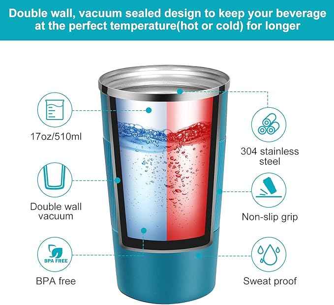 YINJAM 17oz Travel Coffee Mug Insulated Coffee Cups to Go with Leakproof Lid Vacuum Stainless Steel Double Walled Thermal Car Coffee Tumbler for Hot Cold Ice Tea Drinks Reusable (Blue, 17oz)