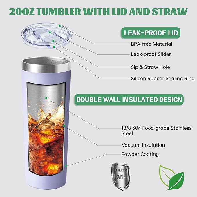 20 oz Skinny Tumbler with Lid and Straw,Stainless Steel Vacuum Insulated Tumbler Cup Double Wall Leak-proof Coffee Mug,Travel Thermal Water Tumbler for Office,Outdoor (Lavender/Cream/Pink/Baby blue)