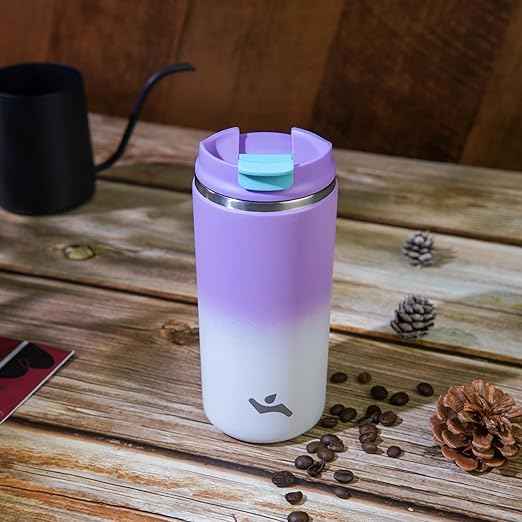 Konokyo Tumbler with Lid, 16 oz Travel Coffee Mug Double Wall Vacuum Stainless Steel Thermal Metal Cup Insulated Water Bottle,PurpleWhite