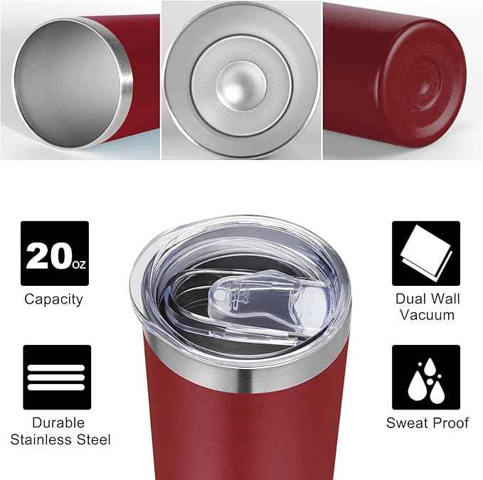 VEGOND 20 oz Stainless Steel Skinny Tumbler with Lids and Straws, 20oz Double Wall Insulated Slim Tumbler Cup for Cold Hot Drinks, Wine Red 1 Pack