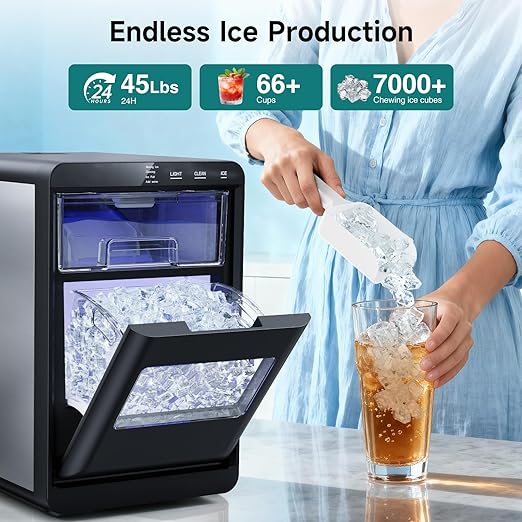 ETL Approval Nugget Ice Maker Countertop, 45Lbs/24H Pebble Ice Maker with Water Tank, Soft Chewable Pellet Ice Machine with Self-Cleaning for Kitchens/Home/Office