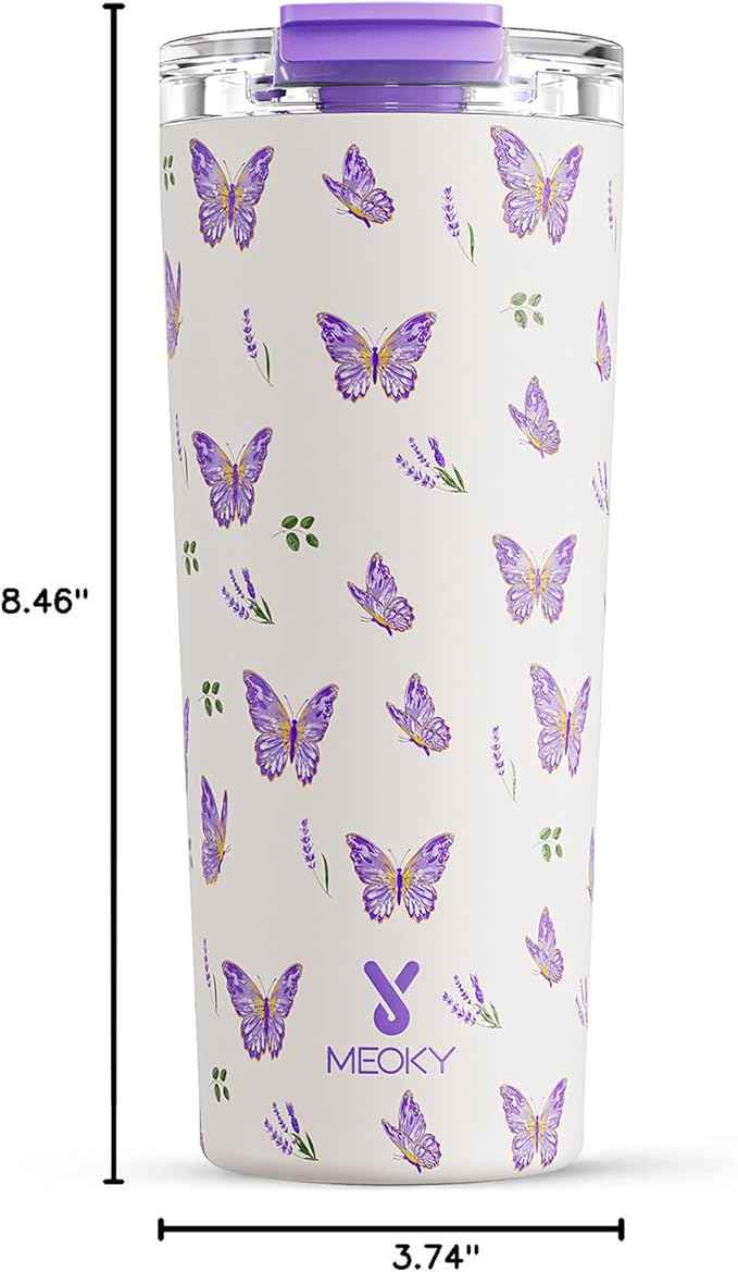 Meoky 24 oz Travel Coffee Mug with Leak-proof Lid, Stainless Steel Insulated Coffee Tumbler, Keeps Hot for 8 Hours or Cold for 24 Hours, Fits in Car Cup Holder (Butterfly)