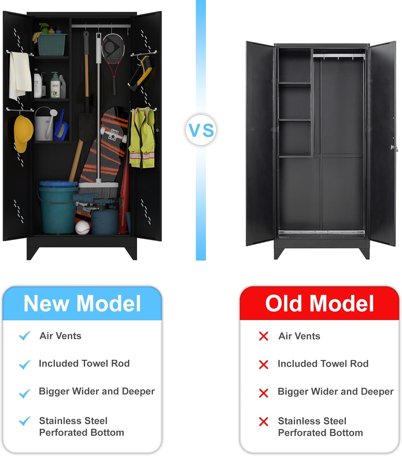Metal Storage Cabinet with Lock Door, 75" Tall Garage Storage Cabinet with Hanging Rod, Broom Closet Bathroom Storage Cabinet, Cleaning Tool Cabinet - Lumora Casa
