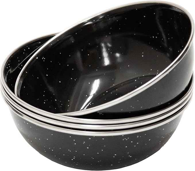 Stansport Deluxe 24-Piece Enamel Tableware Set - Enamel Plates and Bowls Lightweight and Durable Camp Dish Set for Camping and Backpacking Plates and Bowls for 4 People