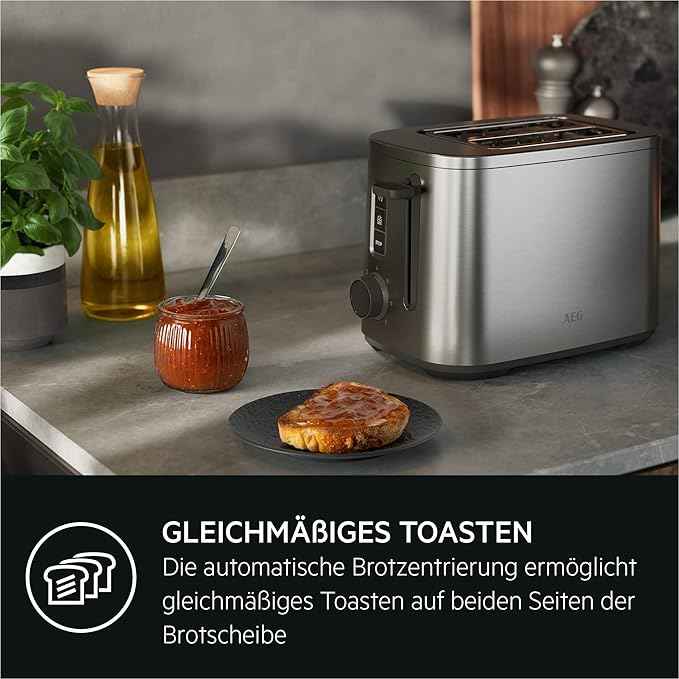 AEG T5-1-4ST Toaster Deli 5/7 Toaster Settings/Countdown Timer/Stop, Defrost, Warm-up Button/Auto Centering/Cool-Touch Case/Wide Slots/Crumb Tray/Stainless