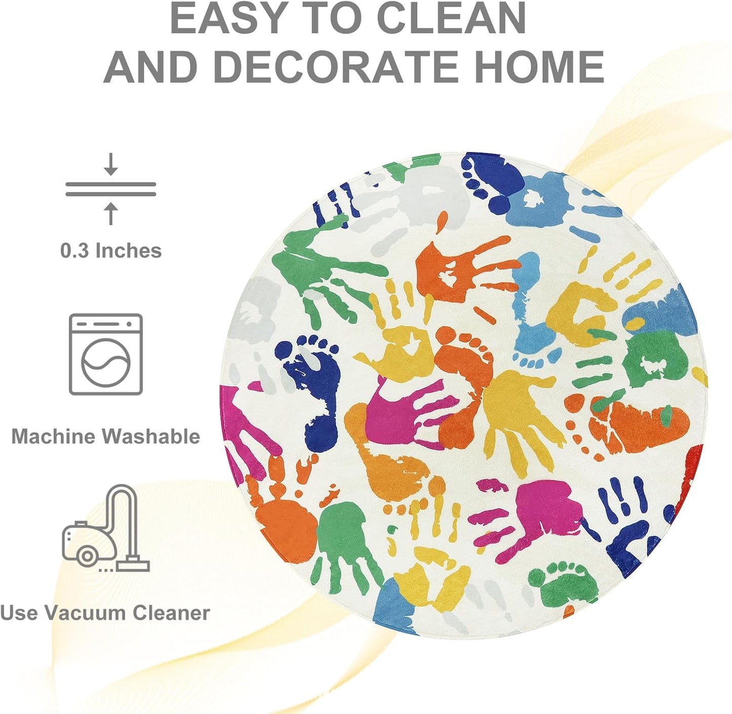 STARUIA Colorful Round Kids Rug 5 Ft, Machine Washable Rug for Playroom, Non-Slip Circle Rugs for Classroom, Soft Circular Carpet Handprints and Footprints Play Mat for Nursery Bedroom Preschool