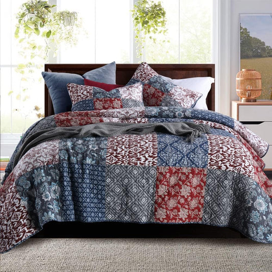 Secgo King Size Comforter Set- 100% Cotton Quilt King Size Set, Burgundy bedspreads (96 * 108 Inch) with 2 Pillow Shams, Patchwork Reversible Lightweight Bedding