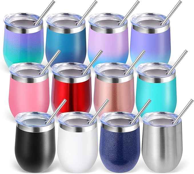 Volhoply 12oz Stainless Steel Wine Tumbler with Lid Bulk 12 Pack,Double Wall Vacuum Stemless Wine Glasses,Reusable Metal Travel Coffe Mug with Straw,Insulated Cups Gifts for Christmas（Assorted,12 Set）