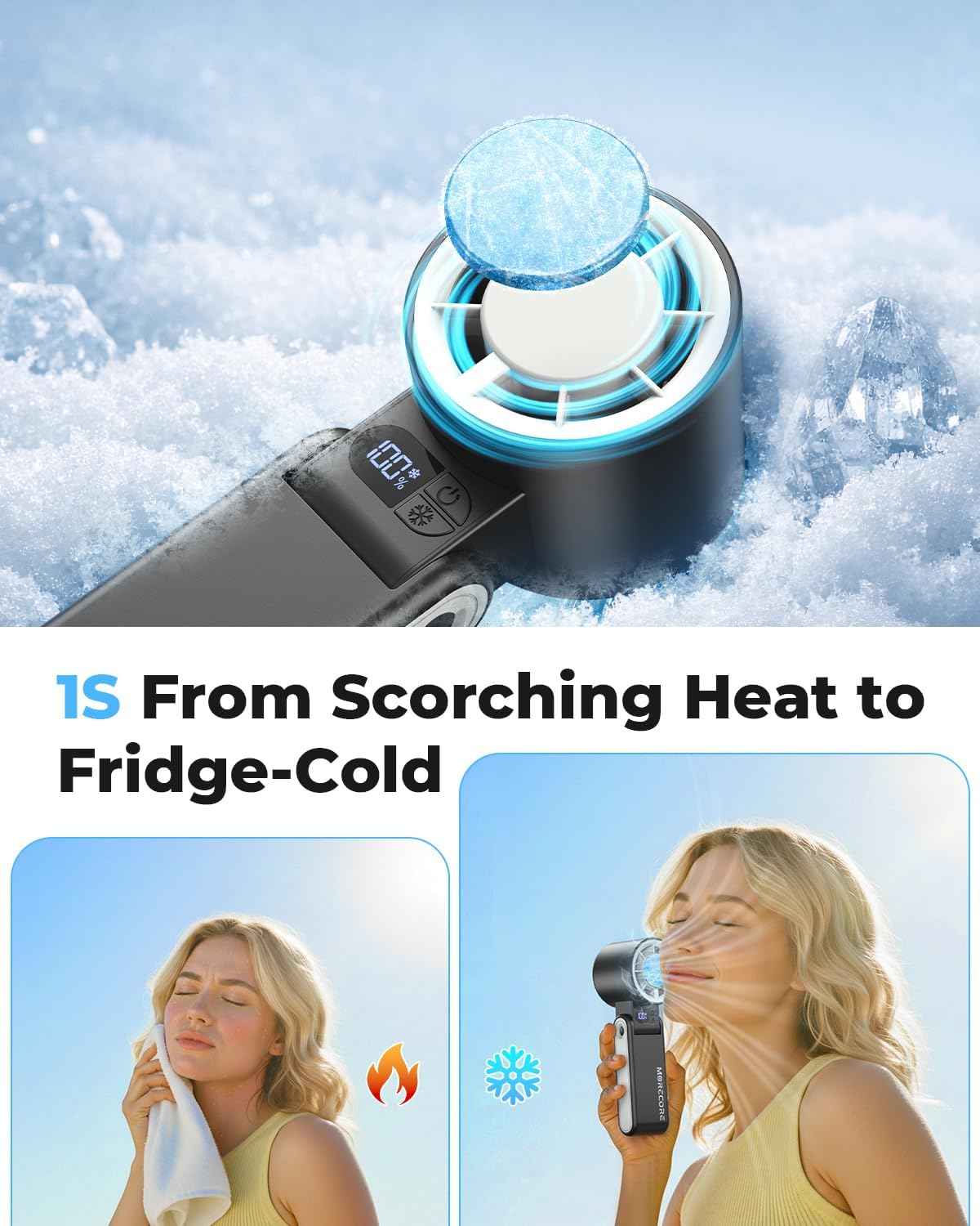 MORECORE Portable Handheld Fan with Ice Cooler, [Instant Chill to 50℉], Gifts for Men Mom Women Grandma Girl Her Hot Flash, 5000mAh Cooling Fan, Camping/Cruise/Soccer Game/Travel Essentials 2026