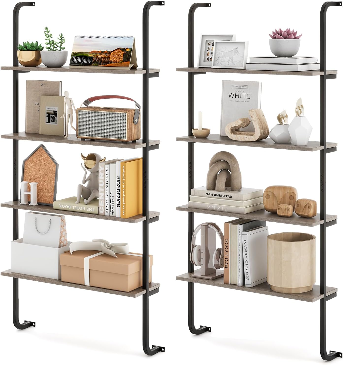 Giantex 4-Tier Industrial Bookshelf of 2, Wall Mounted Pipe Shelving Unit, Floating Shelves with Metal Frame, Hanging Wall Display Shelf, Wood Ladder Bookshelf for Living Room, Kitchen,Gray Oak