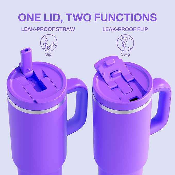 40 oz Tumbler with Handle and Straw: Stainless Steel Insulated Tumbler Keeps Cold for 24 Hours, Leakproof Travel Cup Fits in Cup Holder and BPA-Free,Violet