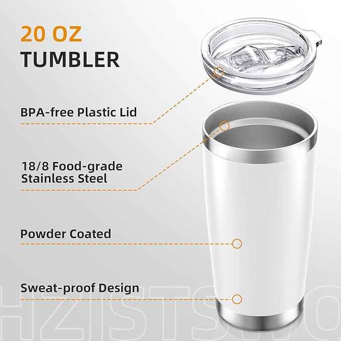 20 oz Tumbler with Lid Stainless Steel Insulated Tumblers Double Wall Vacuum Coffee Mug Powder Coated Tumbler Cups for Cold and Hot Drinks, White, 1 pack