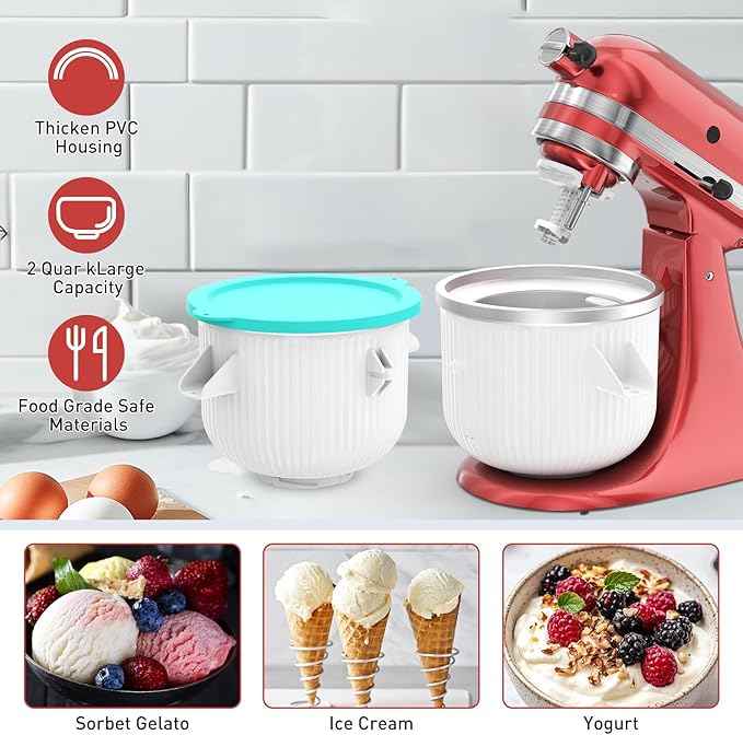 Ice Cream Attachment for KitchenAid Mixer, Ice Cream Bowl Compatible with 4.5Qt and 6QT Or Larger Stand Mixers KitchenAid Attachment, Frozen Yogurt & Sorbet Gelato Maker Attachment, 2 Qt With lid
