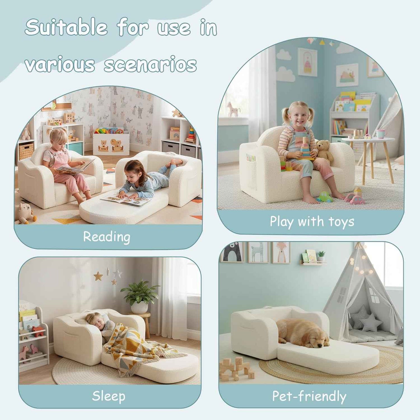 Tiita Kids Chairs for Toddler, 2-in-1 Toddler Soft Sherpa Couch Fold Out, Convertible Sofa to Lounger for Girls and Boys, Beige