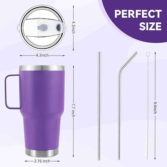 30 oz Tumbler With Handle, Double Wall Stainless Steel Vacuum Insulated Travel Mug with Splash-Proof Lid Metal Straw and Brush (Purple)