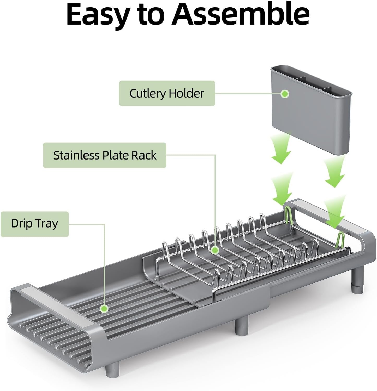 TOOLF Small Dish Drying Rack, Mini Expandable Compact Dish Rack, Slim Extendable Stainless Steel Dish Drainer for Kitchen Plate Storage, Space Saving Dish Strainer in Sink or on Home Countertop, Gray