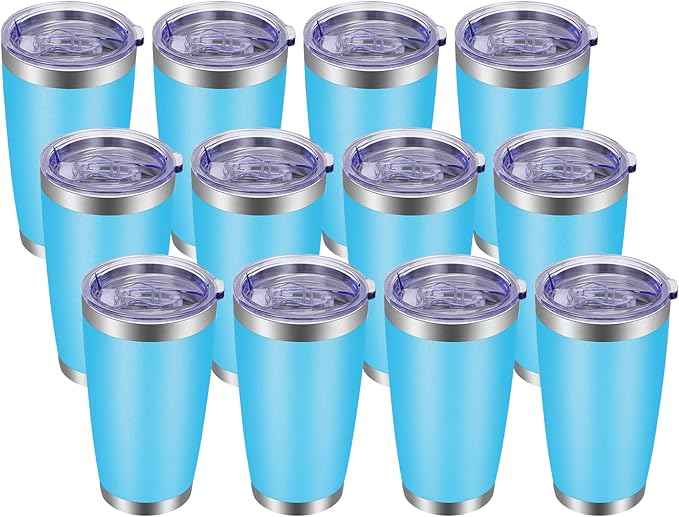 VEGOND 20oz Tumbler with Lid and Straw Stainless Steel Tumbler Cup Bulk Vacuum Insulated Double Wall Travel Coffee Mug Powder Coated Coffee Cup, Sky Blue, 12 Pack
