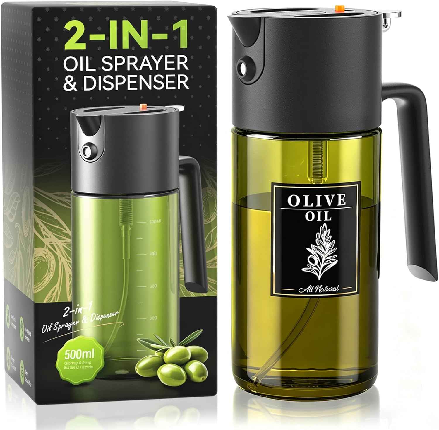 2-IN-1 500ml/17oz Light-Blocking Dark Oil Sprayer for Cooking with Sticker, Dark Green Glass Olive Oil Dispenser Bottle for Kitchen, Even Spray with Portion Control, Perfect for Air Fryer, BBQ - Black
