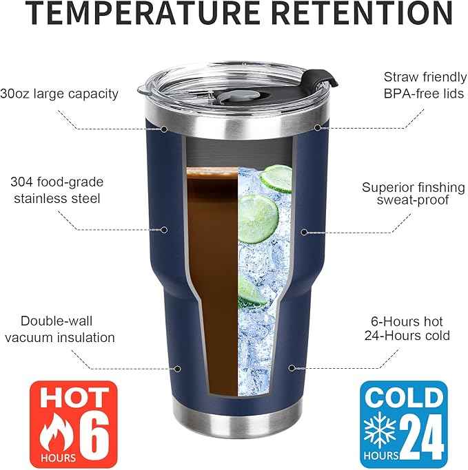 30 oz Tumbler with Lids and Straws Double Wall Vacuum Insulated Tumbler Cup,Stainless Steel Leak-proof Thermal Tumbler Powder Coated Travel Coffee Mug for Cold and Hot Drinks,Navy Blue