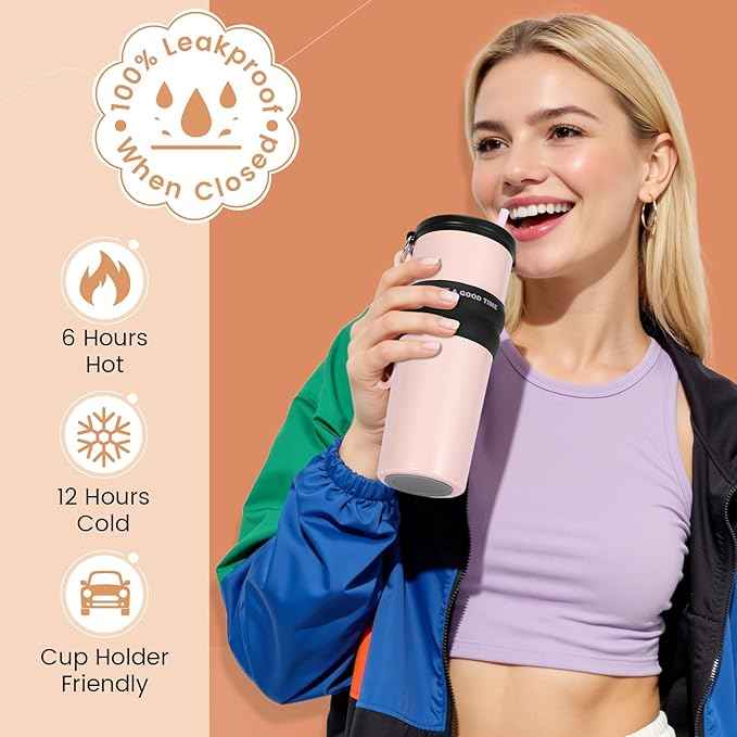 24 oz Stainless Steel Tumbler with Straw, Water Bottle Leak Proof for Hot and Cold, Pink Insulated Coffee Travel Mug, Girls Ceramic Lined Tumbler, Reusable Thermal To Go Coffee Cup Gift for Women