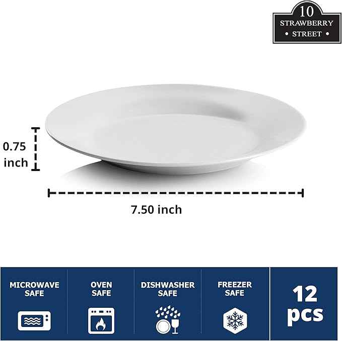 10 Strawberry Street 7.5" Catering Round Salad/Dessert Plate, Set of 12,White
