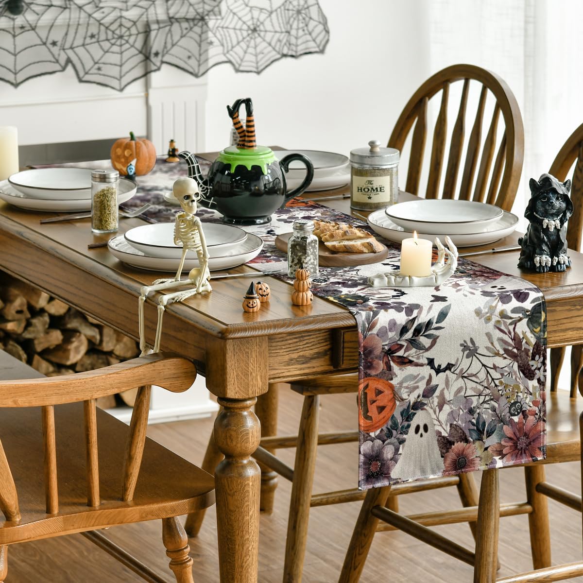 Artoid Mode Jack-O'-Lantern Pumpkin Floral Ghost Halloween Table Runner, Eucalyptus Kitchen Dining Table Decoration for Home Party Decor 13x60 Inch