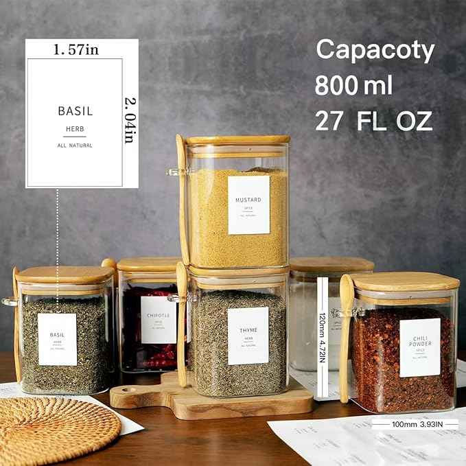 HHMJSM 6 Pcs Square Glass Jar with Bamboo Lid and Spoon - 27 oz Large Sugar Container with 148 Kitchen Pantry Spice Jar Labels Preprinted - Glass Containers with Wooden Lids Hold Coffee, Tea, Candy
