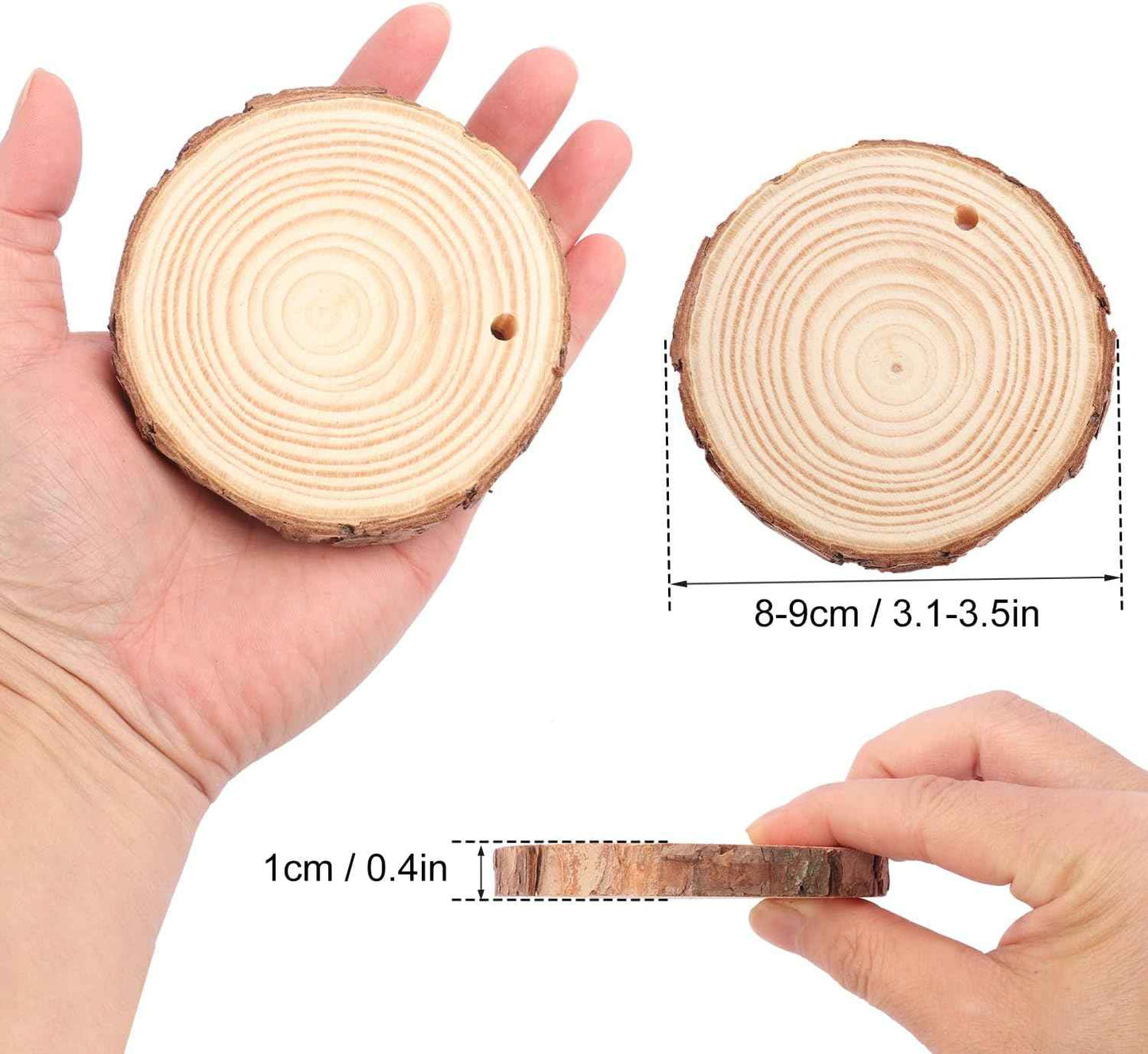 100 PCS 3.2-3.6inch Unfinished Wood Slices, Natural Wood Slices, Predrilled with Hole Wood Slice for DIY Arts Craft Christmas Ornaments