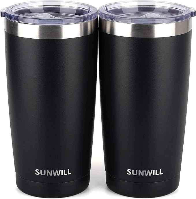 SUNWILL Travel Coffee Mug with Lid, 20 oz Tumbler Set of 2, Insulated Stainless Steel Cup for Water, Tea, Ice, Powder Coated Black 2 pack